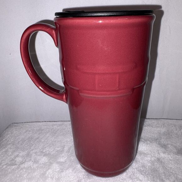 Longaberger Pottery Woven Traditions Tall Paprika Travel Coffee Mug/Cup w/ Lid - Picture 3 of 7